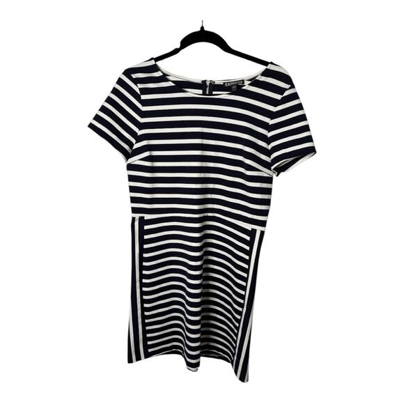 Express Navy Blue and White Striped Short Sleeve Dress Back Exposed Zipper Sz 10 - Picture 1 of 8